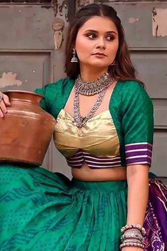 Women Bandhej Print Tasar Silk Lehenga Choli Set with Gamthi Embroidery Blouse -  Free Size