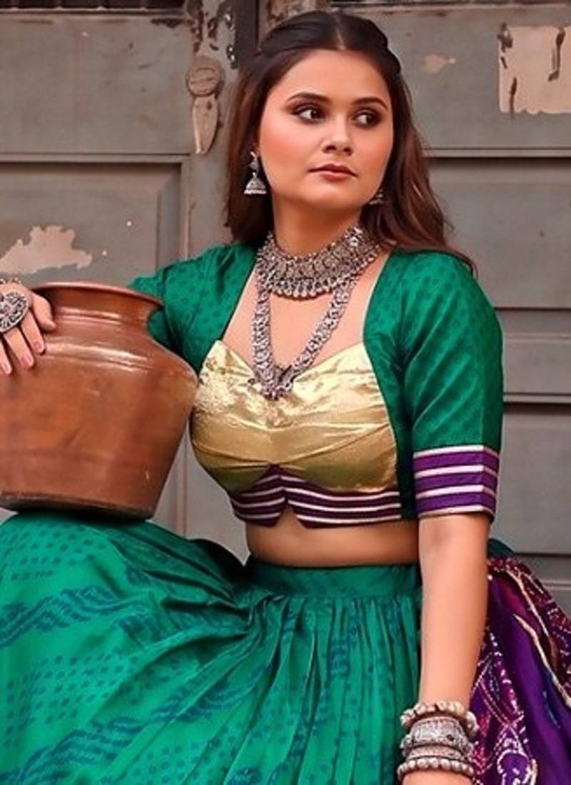 Women Bandhej Print Tasar Silk Lehenga Choli Set with Gamthi Embroidery Blouse -  Free Size