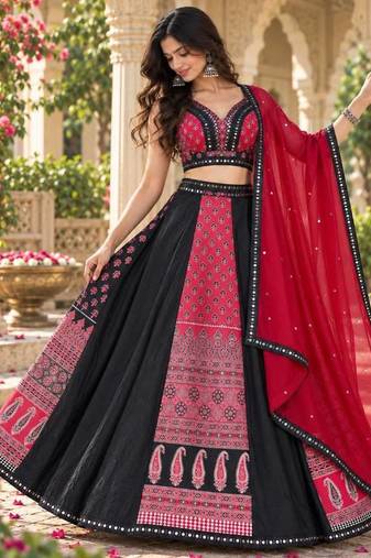 Women's Black And Red Real Mirror With Printed Work Navratri Lehenga Choli