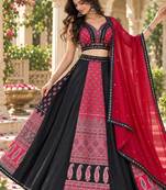 Women's Black And Red Real Mirror With Printed Work Navratri Lehenga Choli