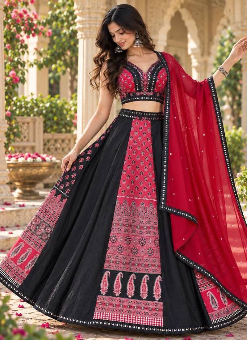 Women's Black And Red Real Mirror With Printed Work Navratri Lehenga Choli