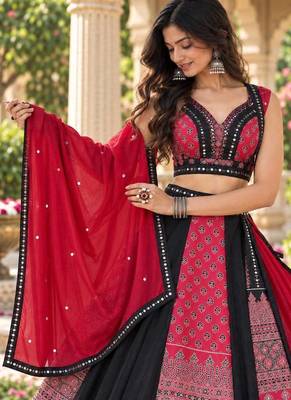 Women's Black And Red Real Mirror With Printed Work Navratri Lehenga Choli 2
