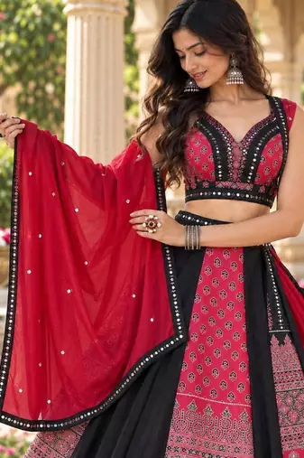 Women's Black And Red Real Mirror With Printed Work Navratri Lehenga Choli