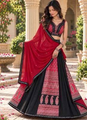 Women's Black And Red Real Mirror With Printed Work Navratri Lehenga Choli 3