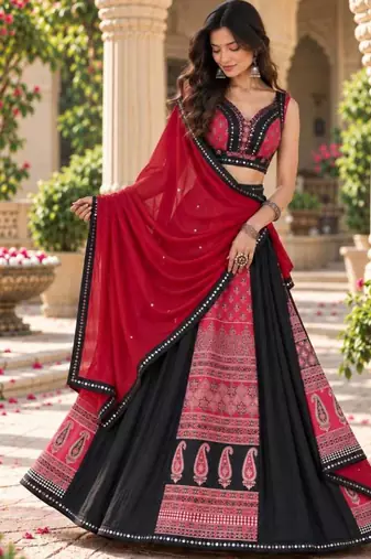 Women's Black And Red Real Mirror With Printed Work Navratri Lehenga Choli