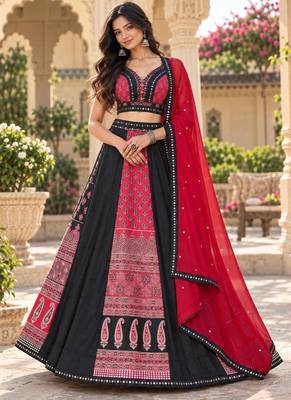 Women's Black And Red Real Mirror With Printed Work Navratri Lehenga Choli 4