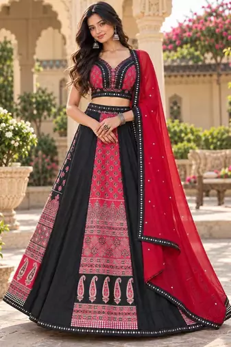 Women's Black And Red Real Mirror With Printed Work Navratri Lehenga Choli