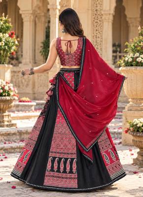 Women's Black And Red Real Mirror With Printed Work Navratri Lehenga Choli 5