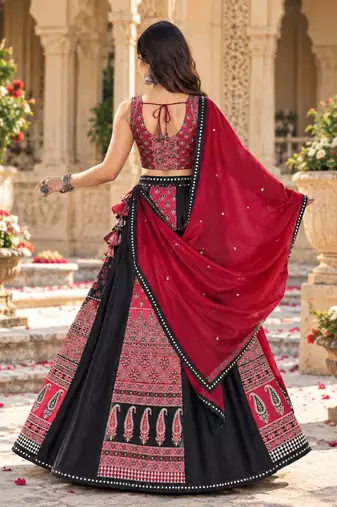 Women's Black And Red Real Mirror With Printed Work Navratri Lehenga Choli