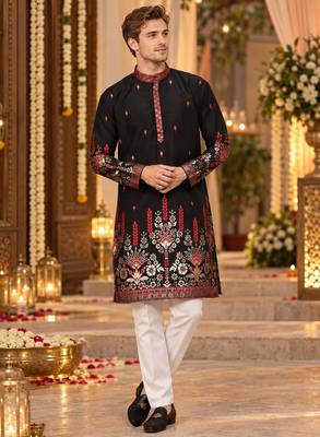 Black Cotton Woven Work Straight Kurta 1