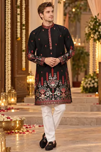 Black Cotton Woven Work Straight Kurta