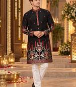 Black Cotton Woven Work Straight Kurta