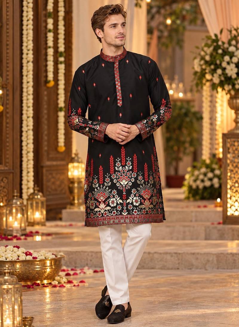 Black Cotton Woven Work Straight Kurta