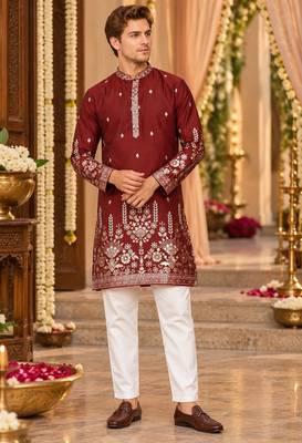 Maroon Cotton Woven Work Straight Kurta 1