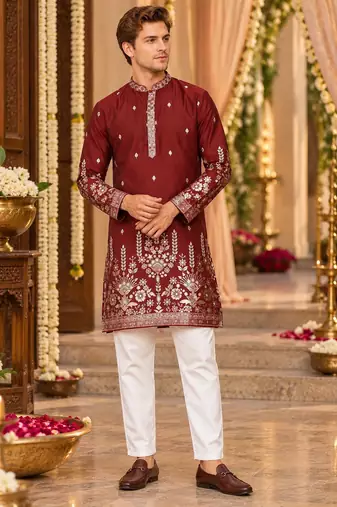 Maroon Cotton Woven Work Straight Kurta