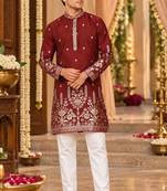 Maroon Cotton Woven Work Straight Kurta