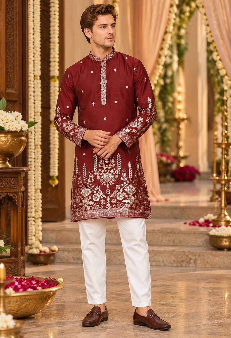 Maroon Cotton Woven Work Straight Kurta