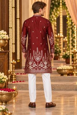 Maroon Cotton Woven Work Straight Kurta 2