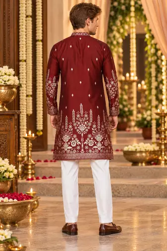 Maroon Cotton Woven Work Straight Kurta