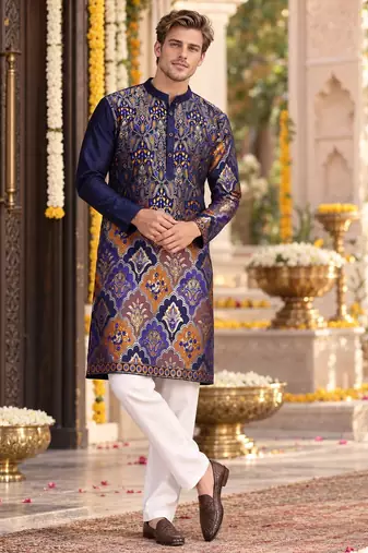 Blue Silk Blend Woven Work Straight Kurta