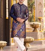 Blue Silk Blend Woven Work Straight Kurta