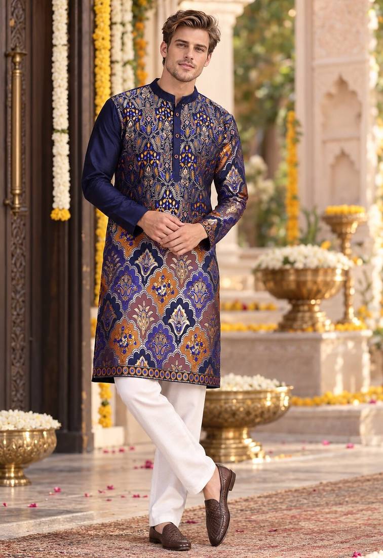 Blue Silk Blend Woven Work Straight Kurta