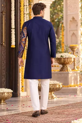 Blue Silk Blend Woven Work Straight Kurta