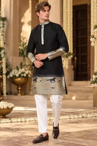 Black Silk Blend Woven Work Straight Kurta