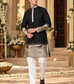 Black Silk Blend Woven Work Straight Kurta