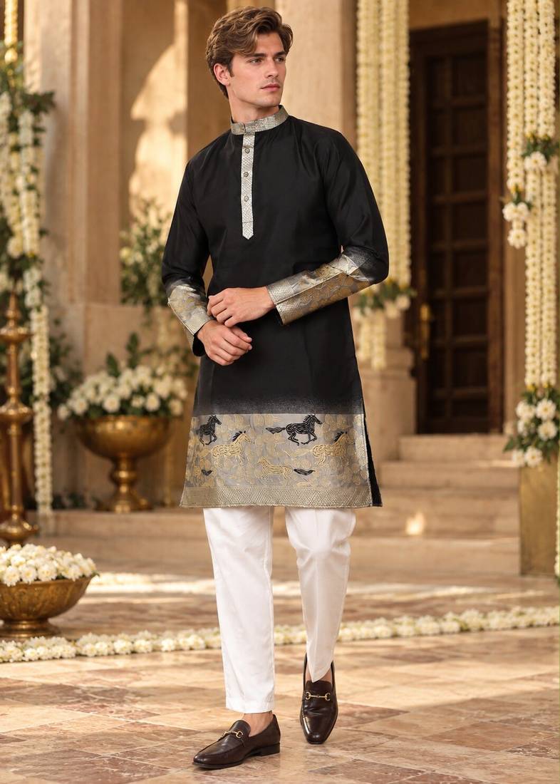 Black Silk Blend Woven Work Straight Kurta