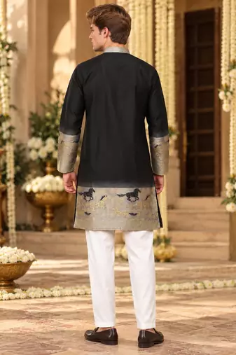 Black Silk Blend Woven Work Straight Kurta