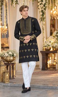 Black Silk Blend Woven Work Straight Kurta 2