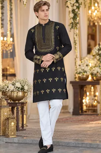 Black Silk Blend Woven Work Straight Kurta