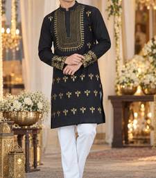 Black Silk Blend Woven Work Straight Kurta