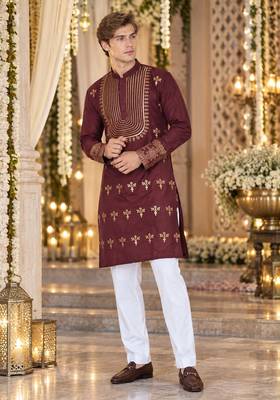 Brown Silk Blend Woven Work Straight Kurta 1