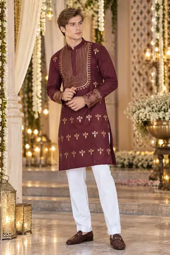 Brown Silk Blend Woven Work Straight Kurta