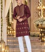 Brown Silk Blend Woven Work Straight Kurta