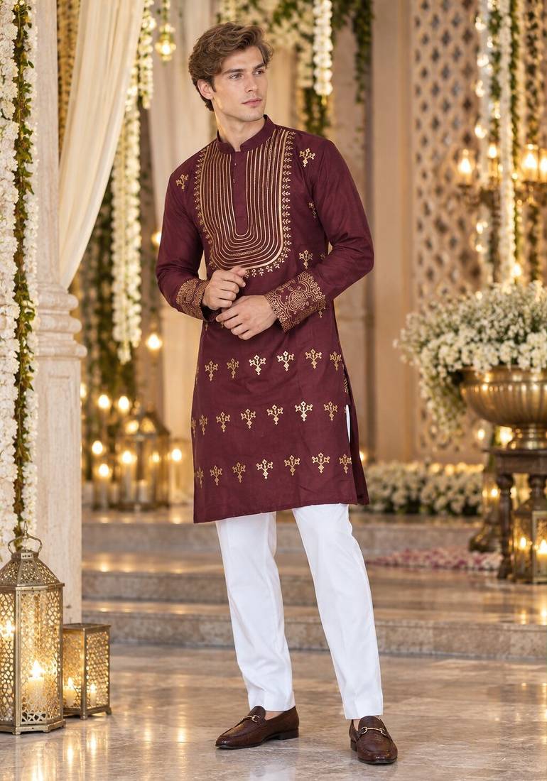 Brown Silk Blend Woven Work Straight Kurta