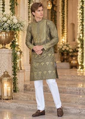 Grey Silk Blend Woven Work Straight Kurta 1