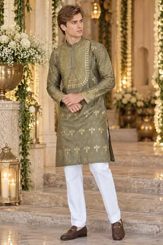 Grey Silk Blend Woven Work Straight Kurta