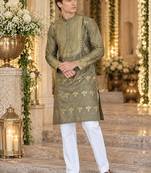Grey Silk Blend Woven Work Straight Kurta