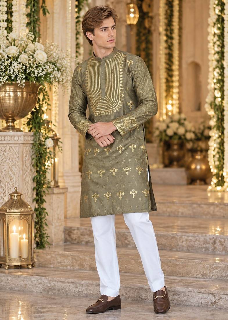 Grey Silk Blend Woven Work Straight Kurta
