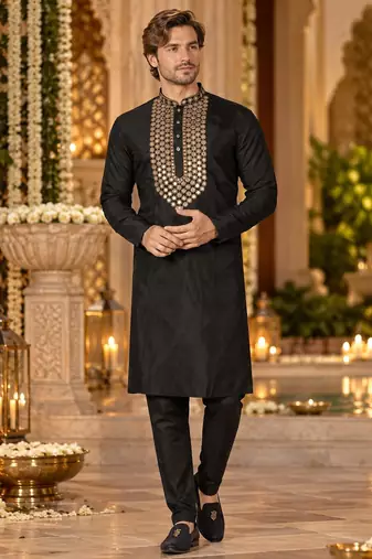 Black Silk Blend Embroidered Work Straight Kurta