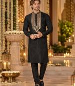 Black Silk Blend Embroidered Work Straight Kurta