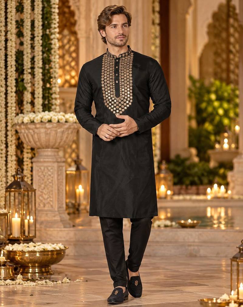 Black Silk Blend Embroidered Work Straight Kurta
