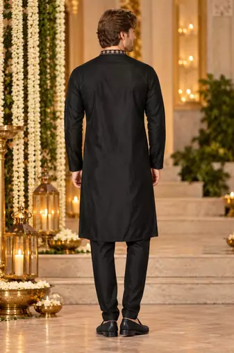Black Silk Blend Embroidered Work Straight Kurta