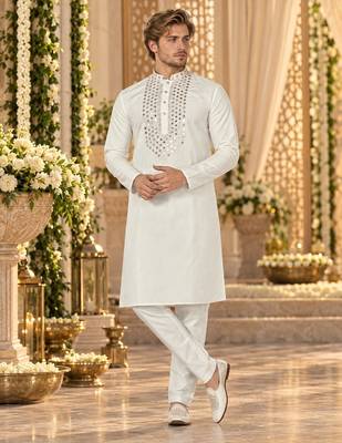 White Silk Blend Embroidered Work Straight Kurta 1