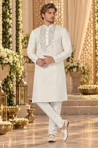 White Silk Blend Embroidered Work Straight Kurta