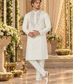 White Silk Blend Embroidered Work Straight Kurta