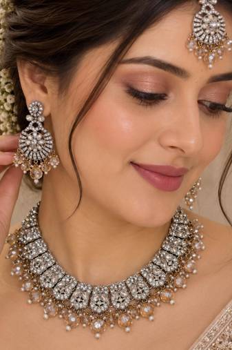 Champion mehandi-plated agate stone necklace set with earrings & maang tikka